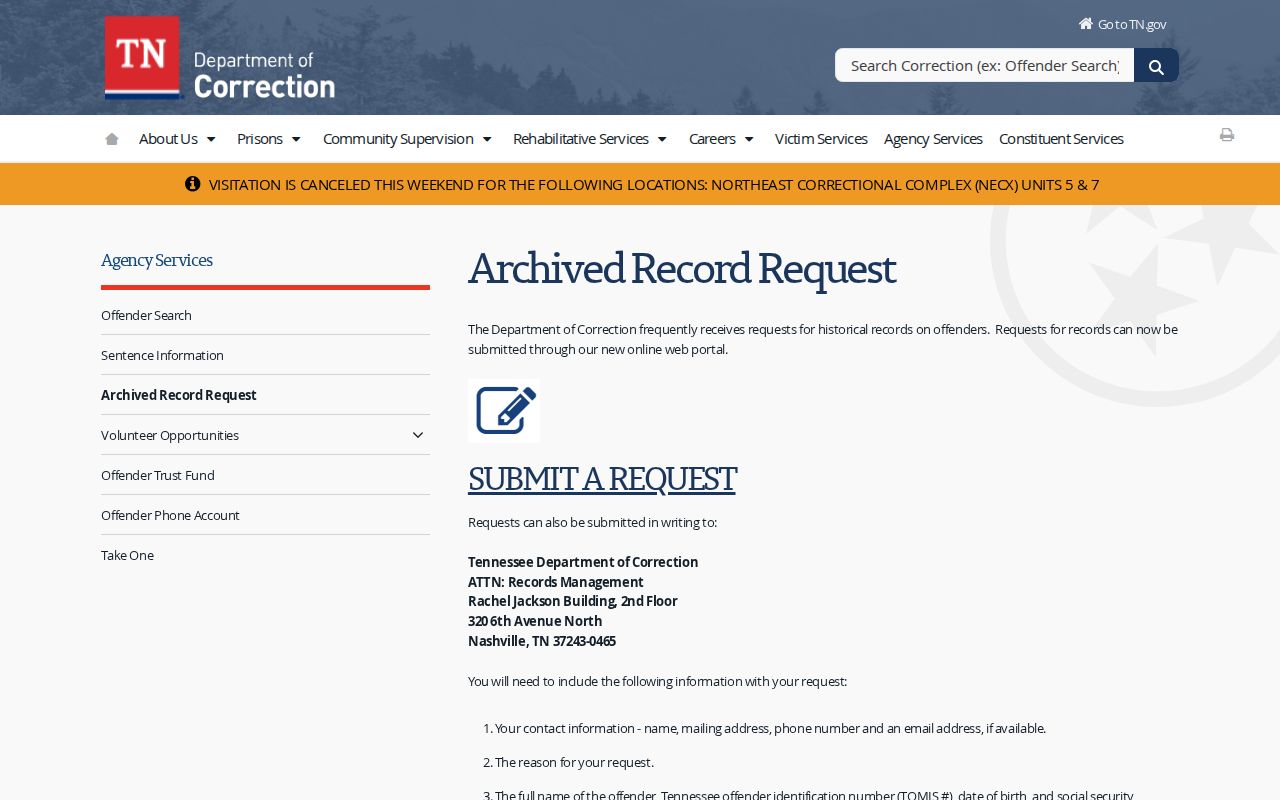 TDOC archived record request for a Chester County Jail transfer