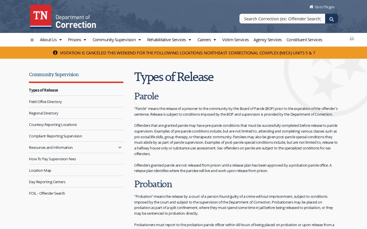 Chester County probation and parole types on the TDOC release page