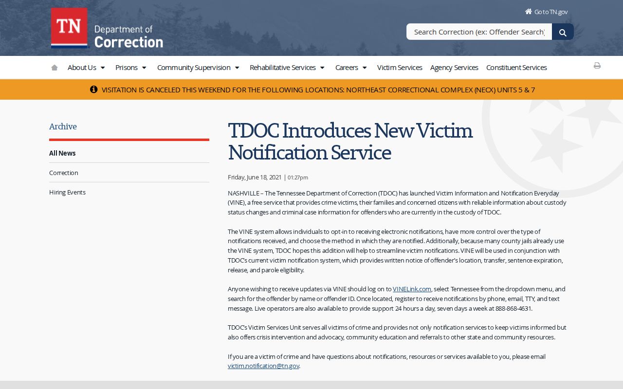 Tennessee VINE notification methods for a Chester County VINELink inmate search
